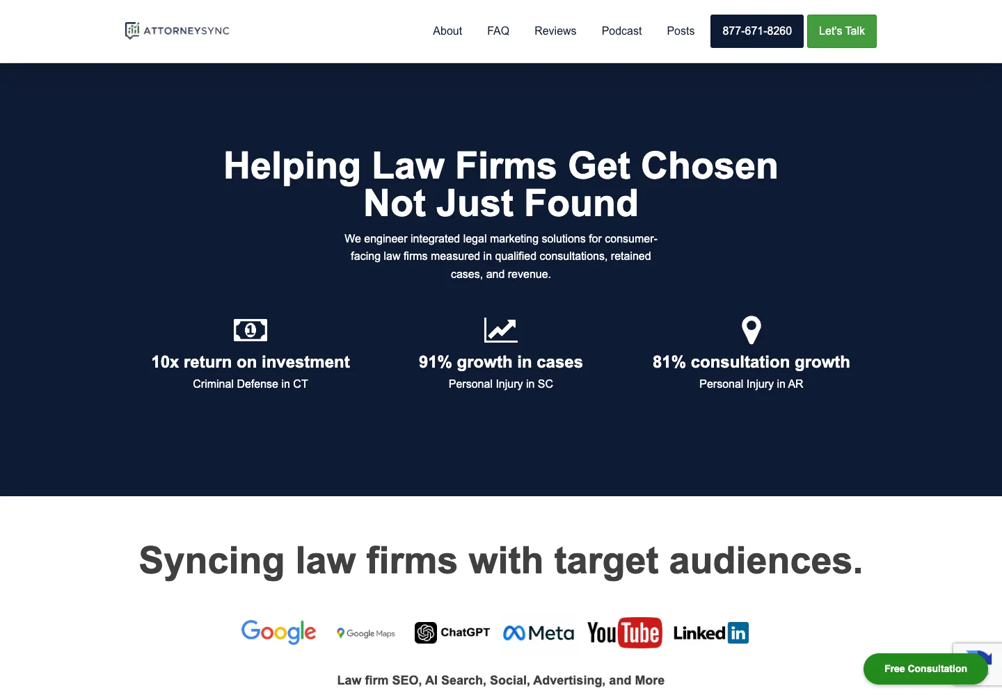 AttorneySync homepage showing its navigation and opening service presentation