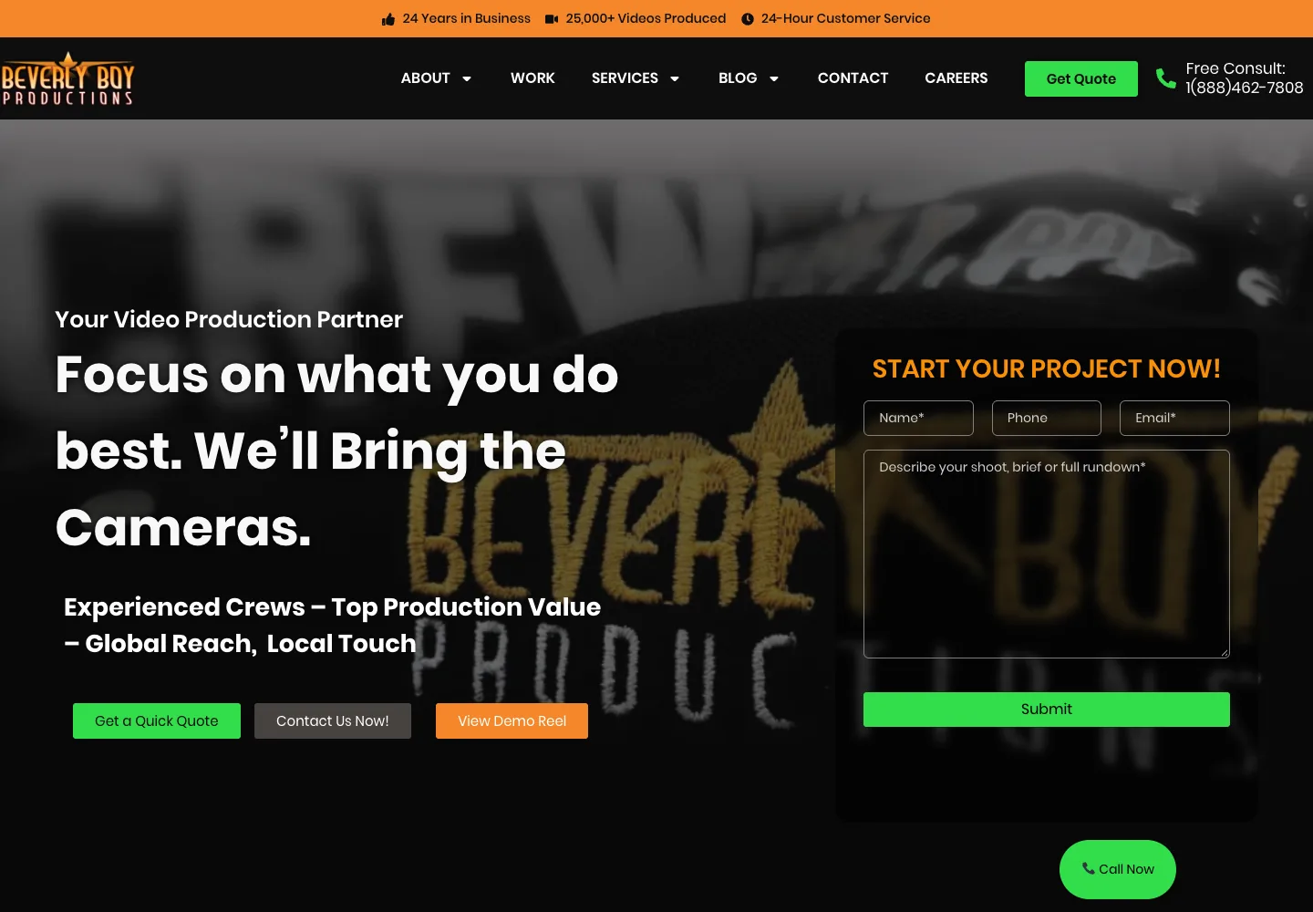 Beverly Boy Productions homepage showing its navigation and opening service presentation