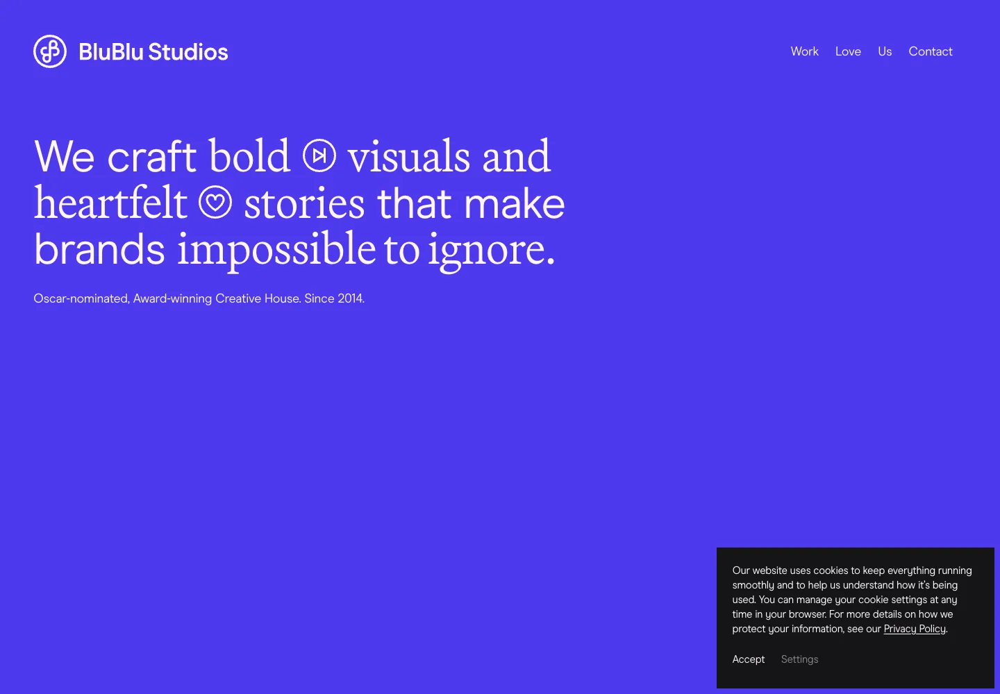 BluBlu Studios homepage showing its navigation and opening service presentation