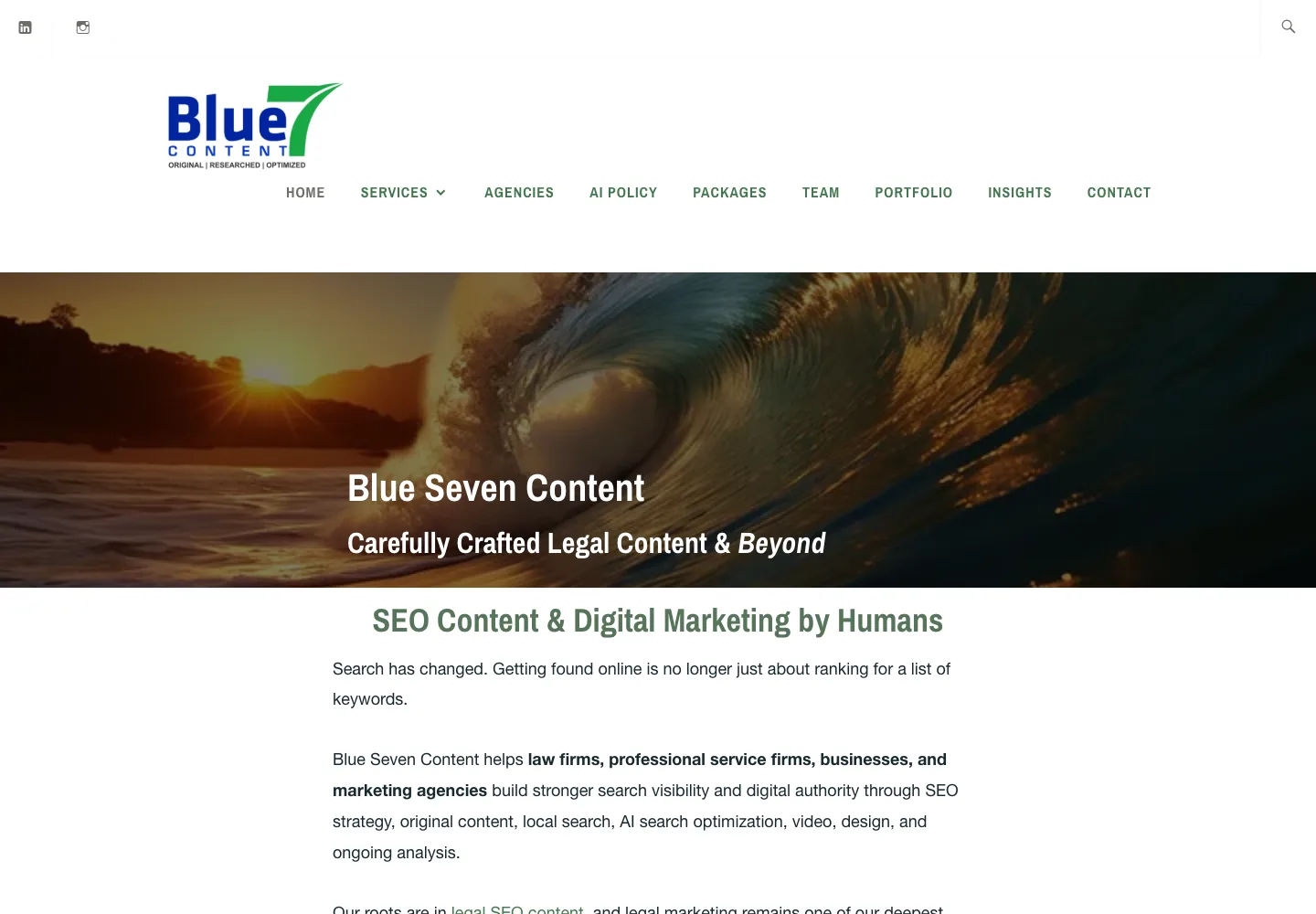 Blue Seven Content homepage showing its navigation and opening service presentation