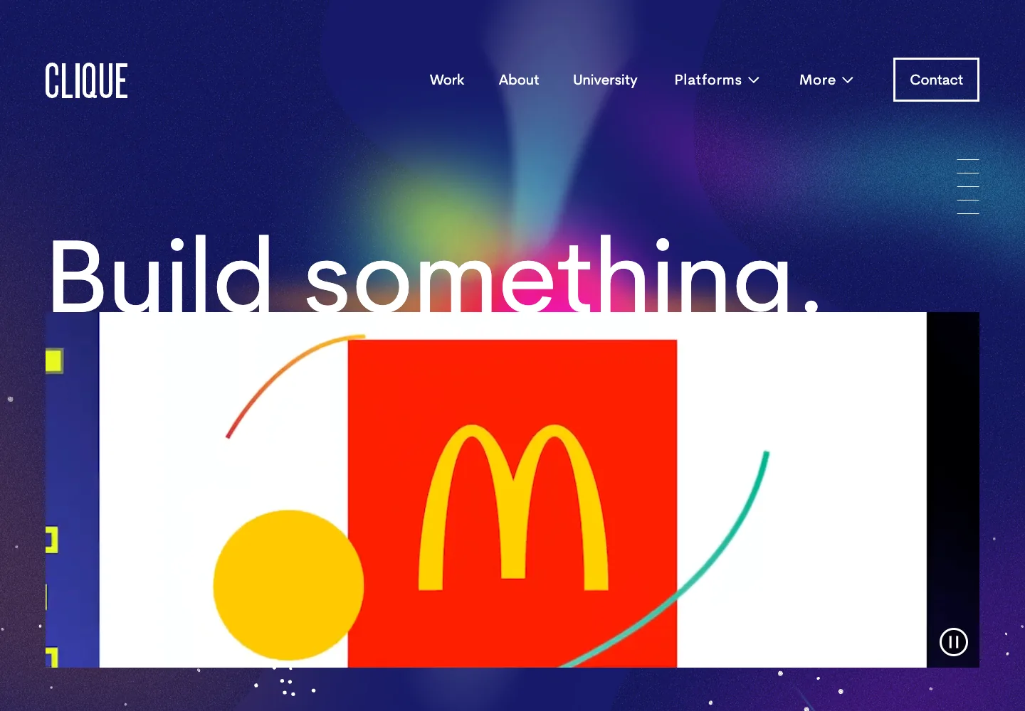 Clique Studios homepage showing its navigation and opening service presentation