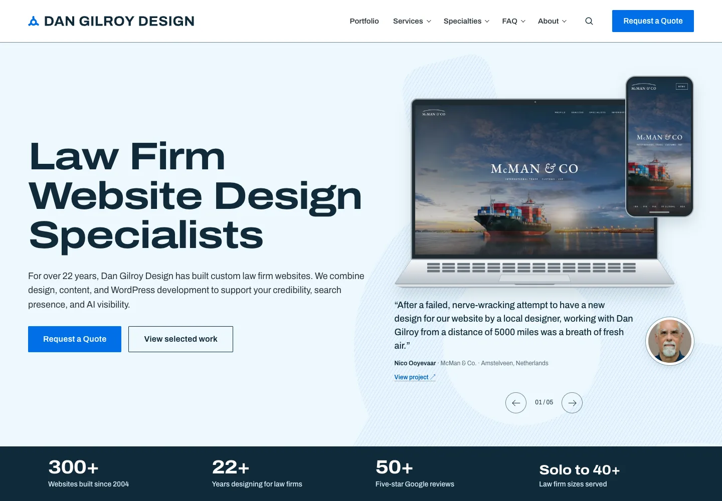 Dan Gilroy Design homepage showing its navigation and opening service presentation
