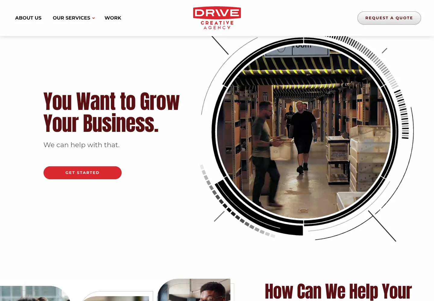 Drive Creative Agency homepage showing its navigation and opening service presentation