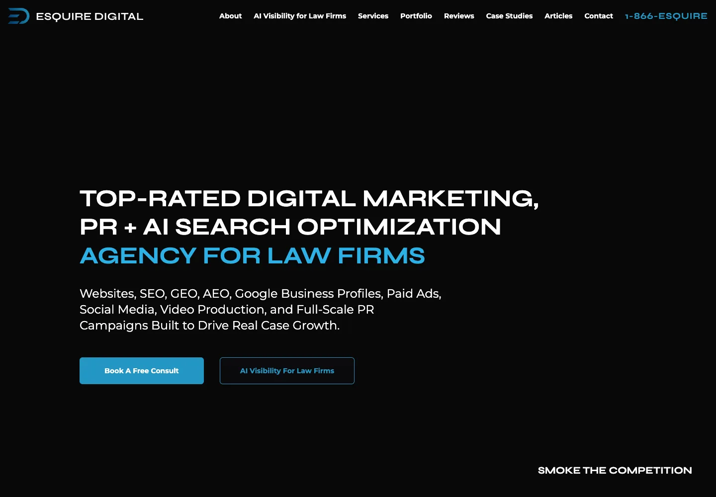 Esquire Digital homepage showing its navigation and opening service presentation