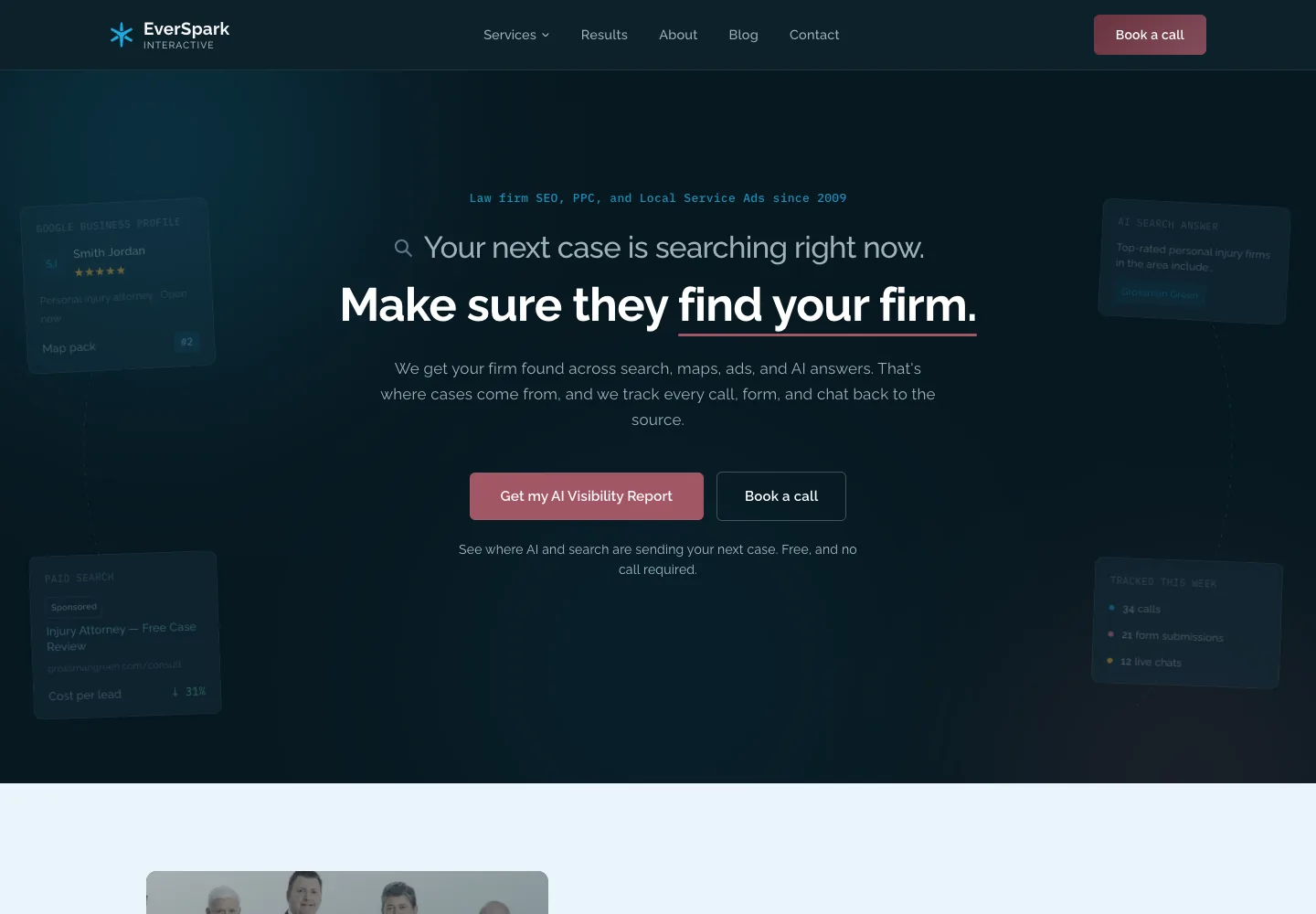 EverSpark Interactive homepage showing its navigation and opening service presentation