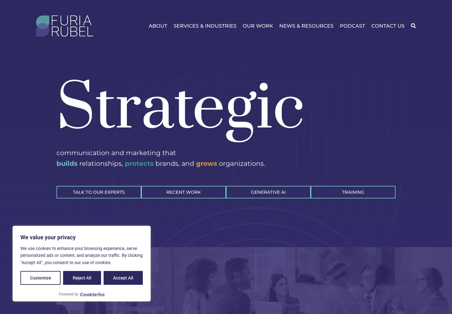 Furia Rubel homepage showing its navigation and opening service presentation