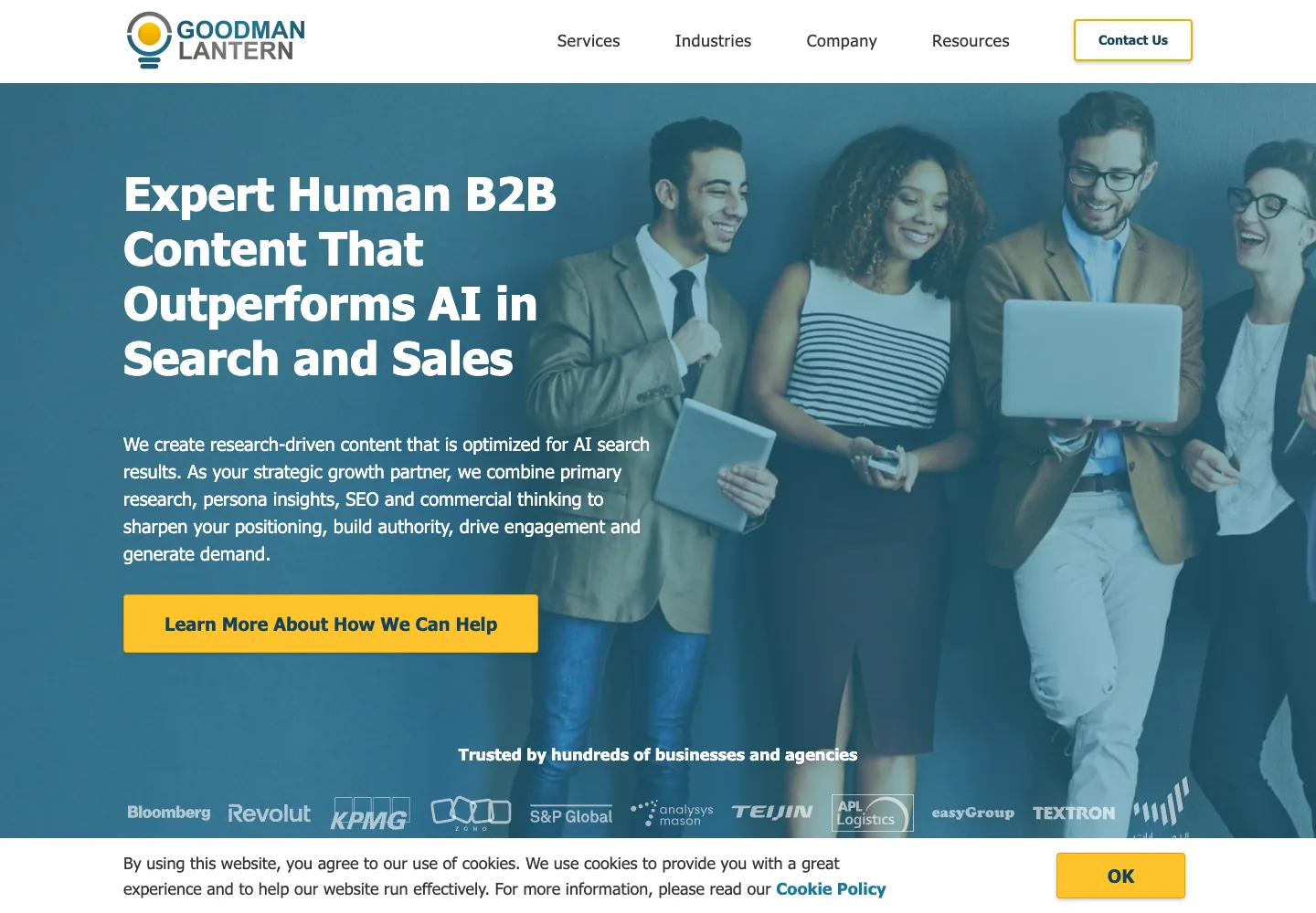 Goodman Lantern homepage showing its navigation and opening service presentation