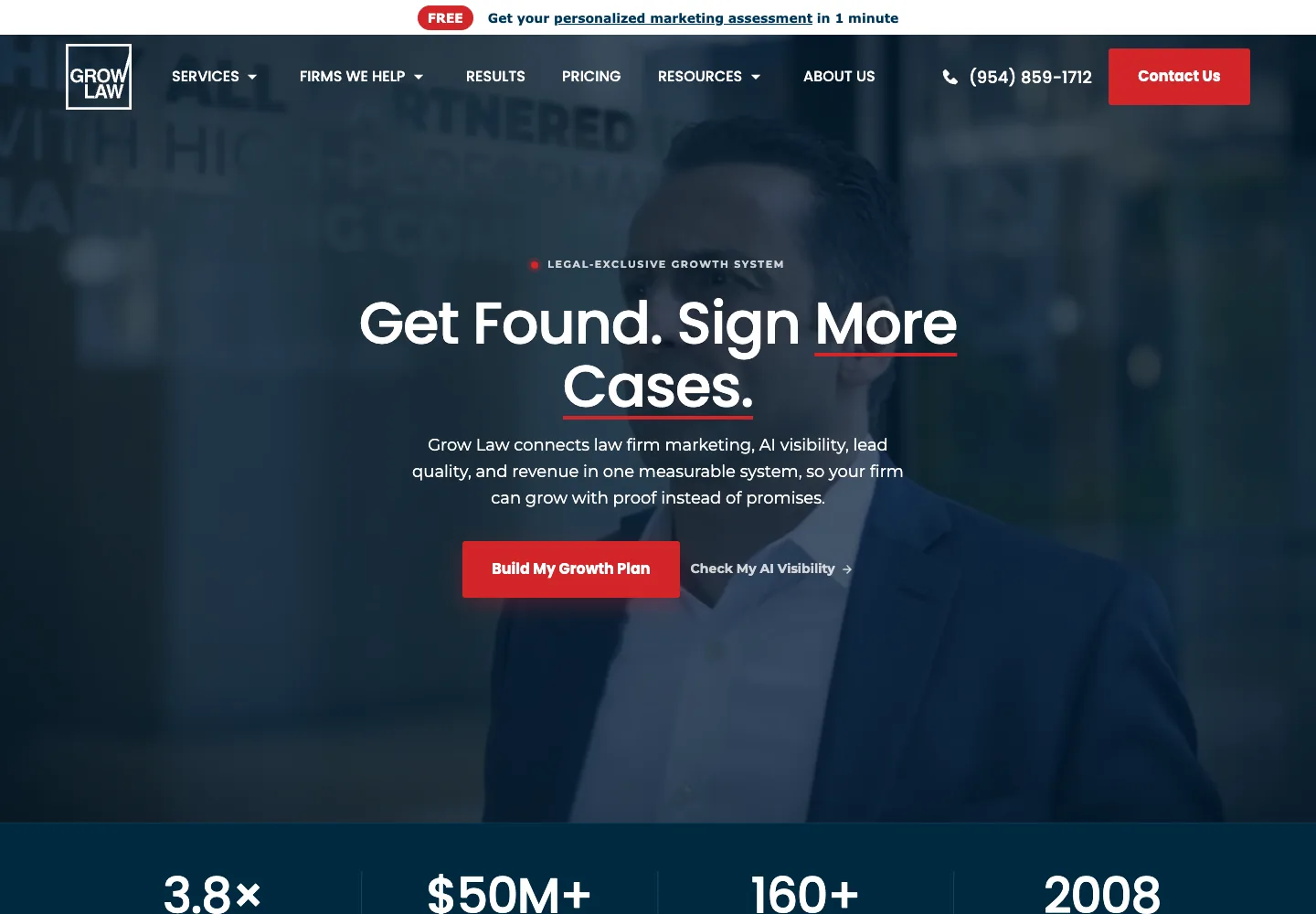 Grow Law homepage showing its navigation and opening service presentation
