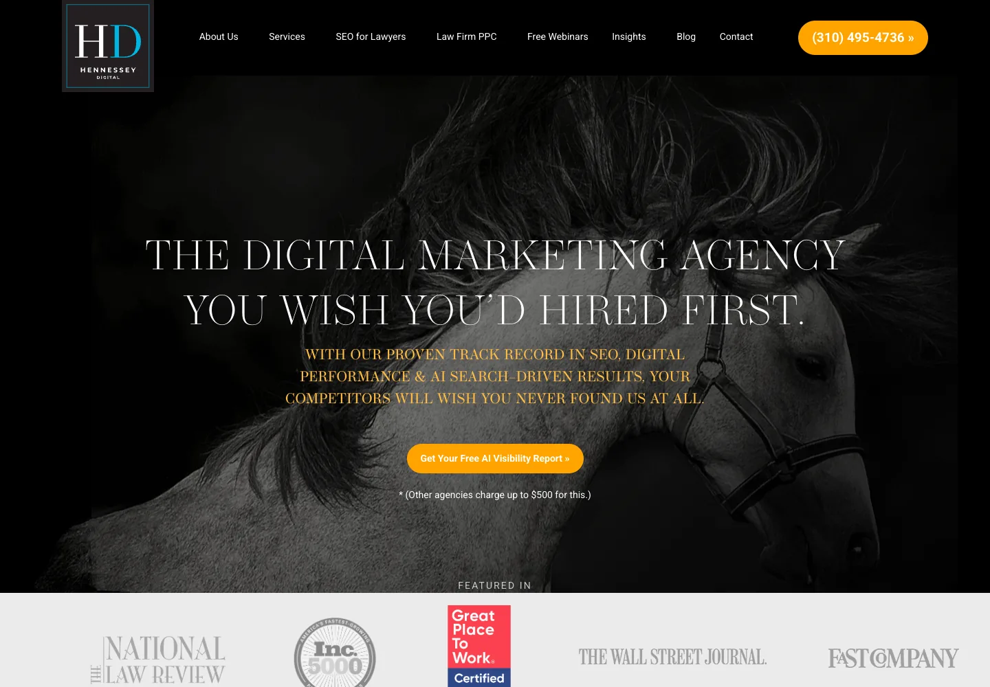 Hennessey Digital homepage showing its navigation and opening service presentation