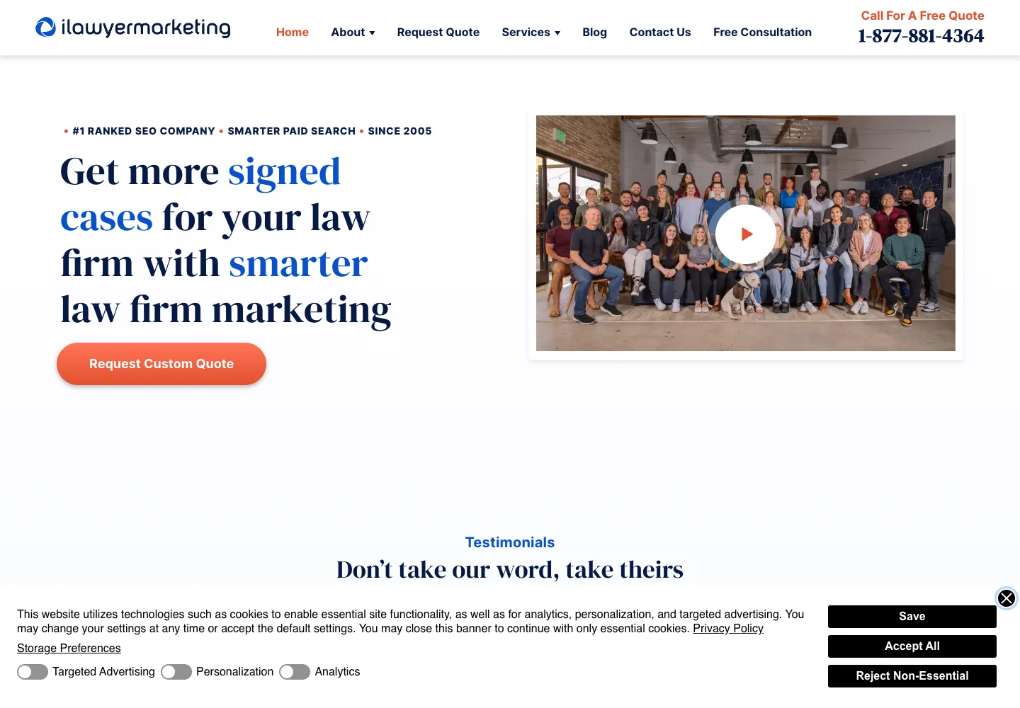 iLawyerMarketing homepage showing its navigation and opening service presentation