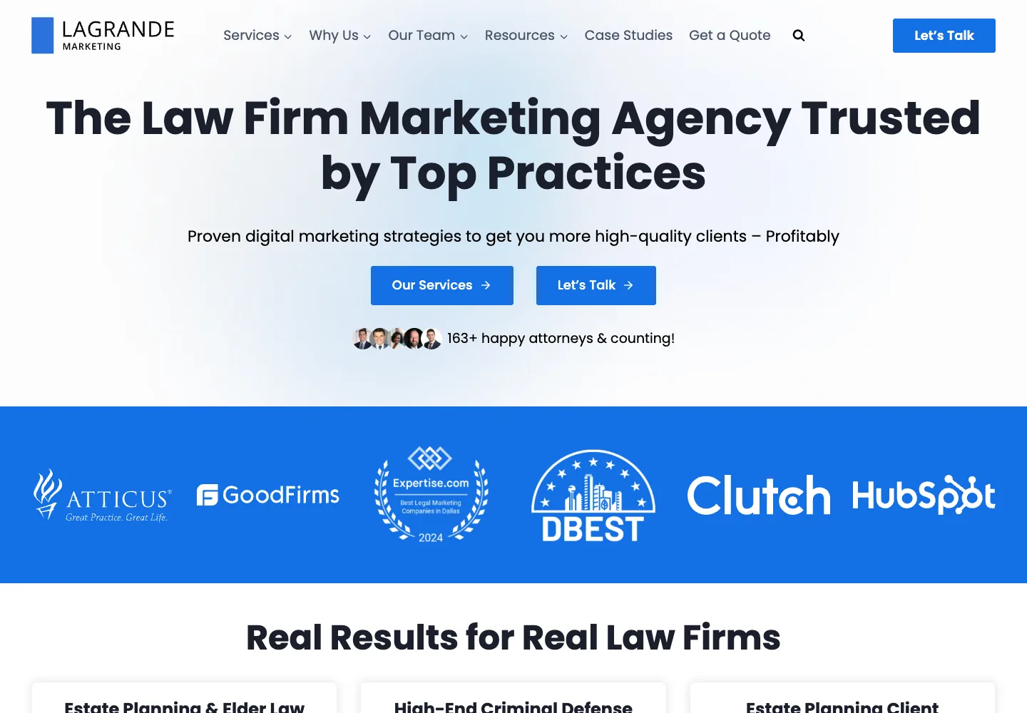 LaGrande Marketing homepage showing its navigation and opening service presentation