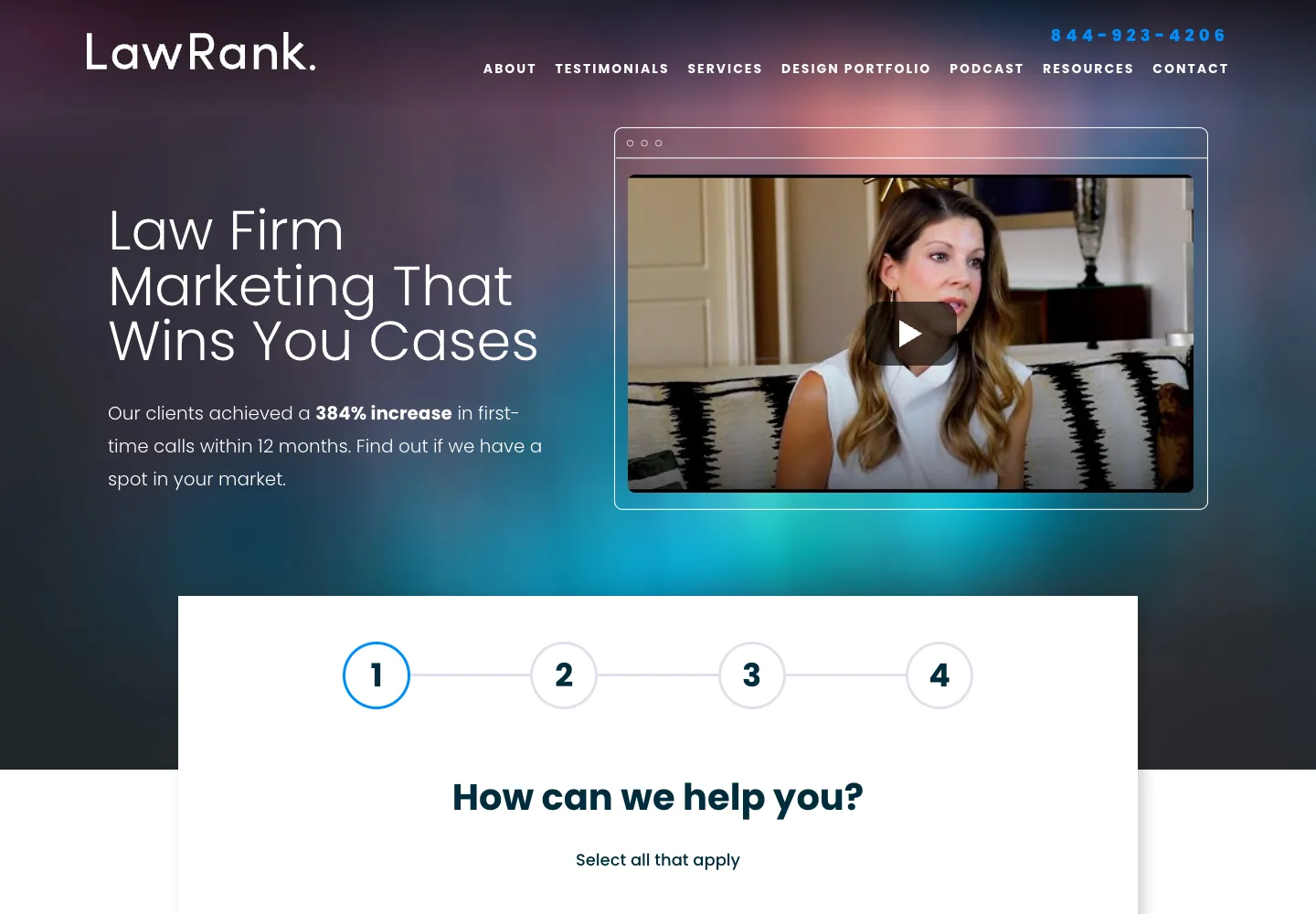 LawRank homepage showing its navigation and opening service presentation
