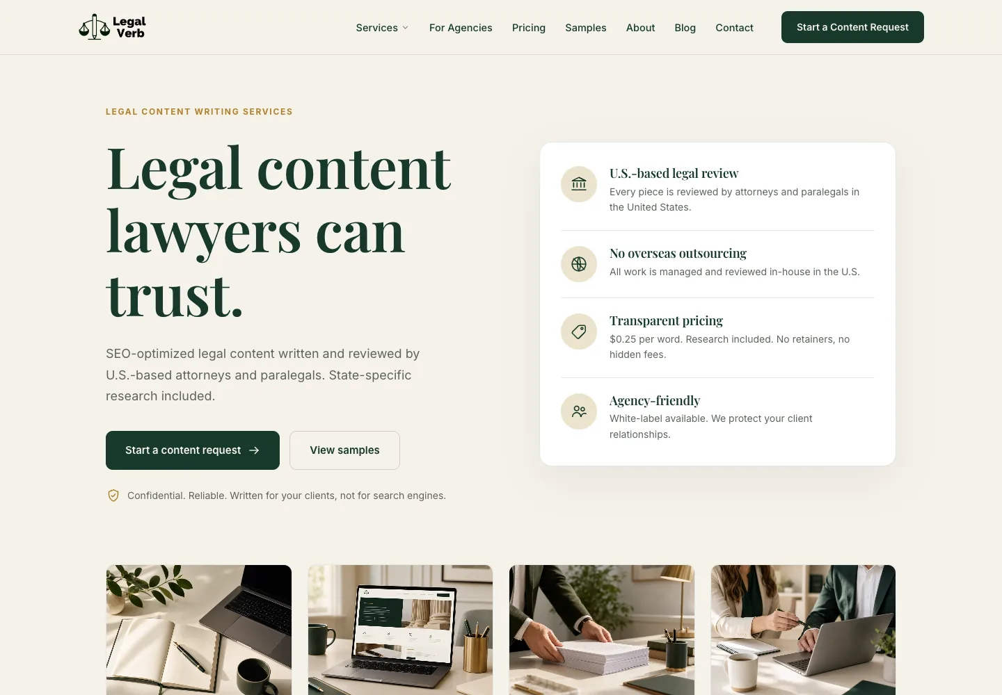 Legal Verb homepage showing its navigation and opening service presentation