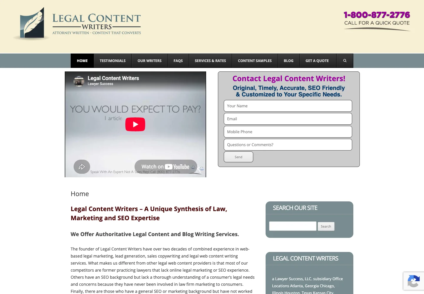 LegalContentWriters.com homepage showing its navigation and opening service presentation