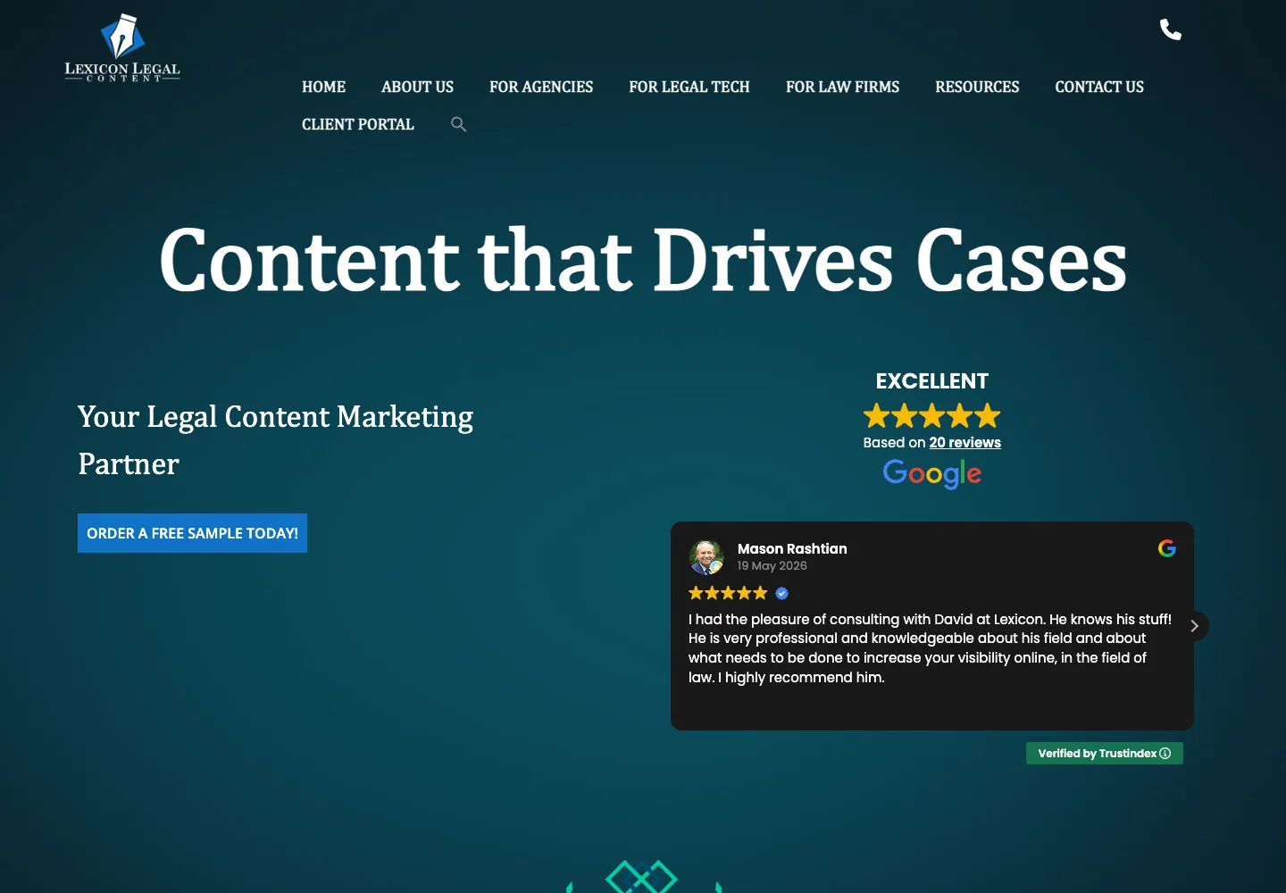 Lexicon Legal Content homepage showing its navigation and opening service presentation