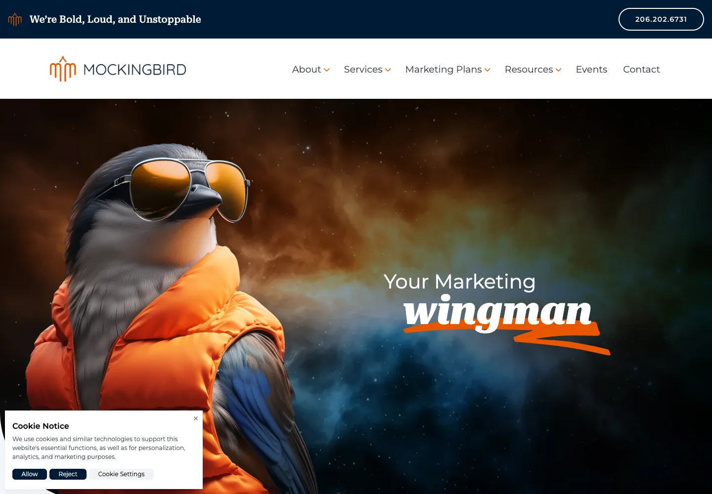 Mockingbird Marketing homepage showing its navigation and opening service presentation