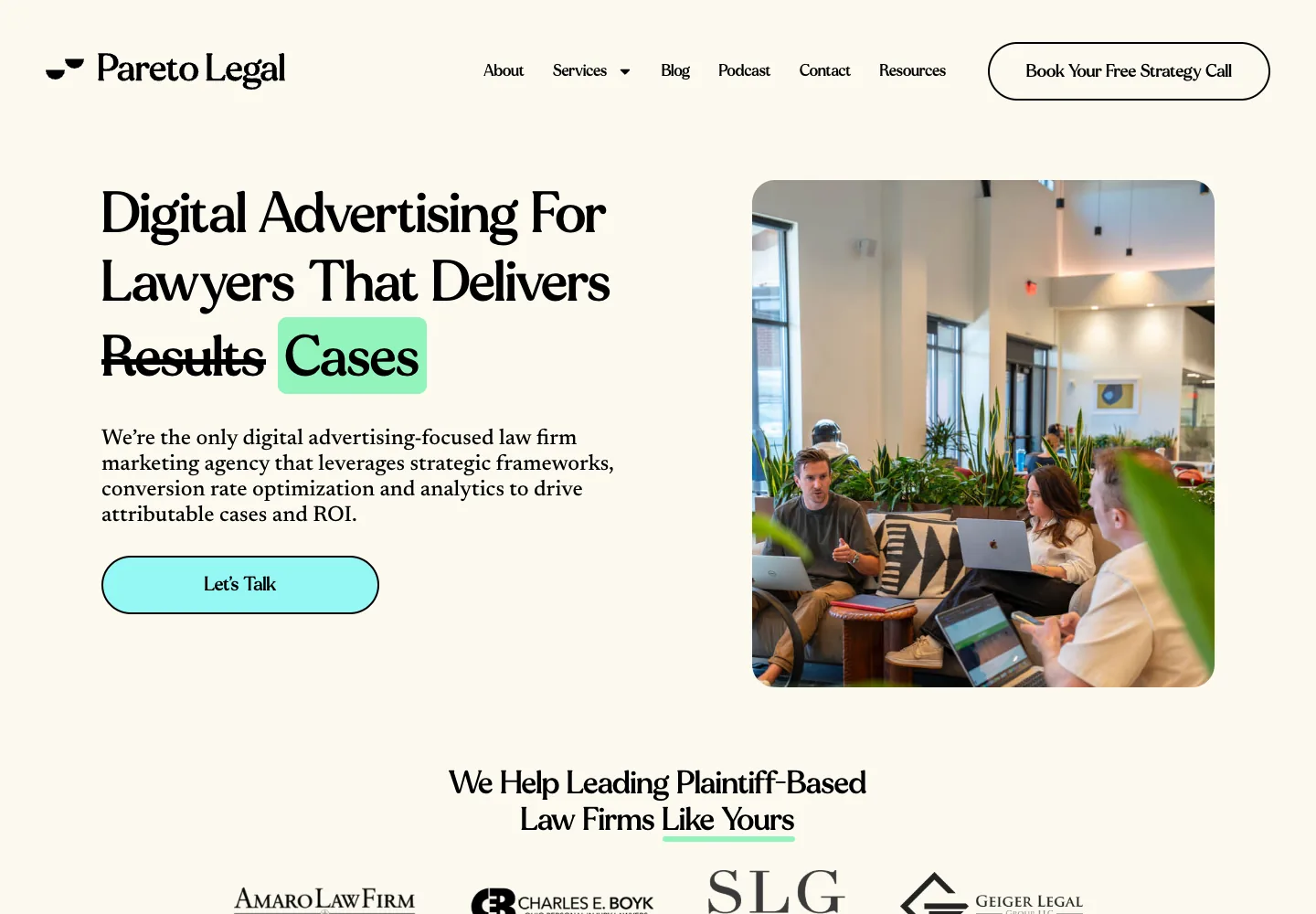 Pareto Legal homepage showing its navigation and opening service presentation