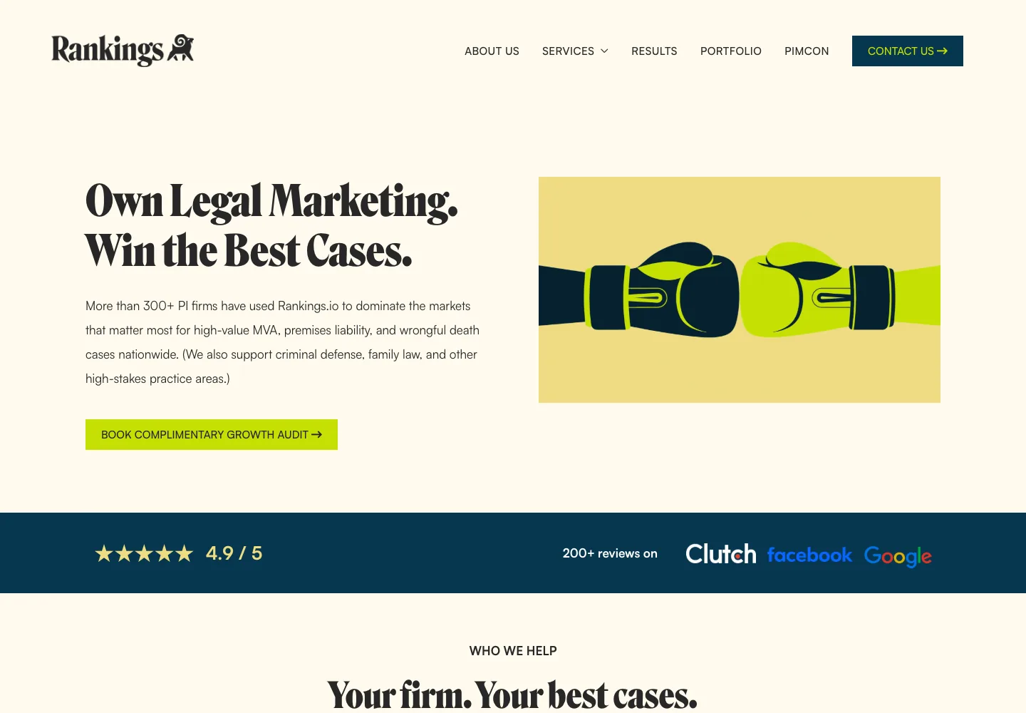 Rankings.io homepage showing its navigation and opening service presentation