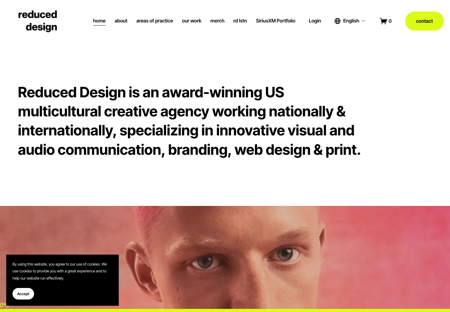 Reduced Design homepage showing its navigation and opening service presentation