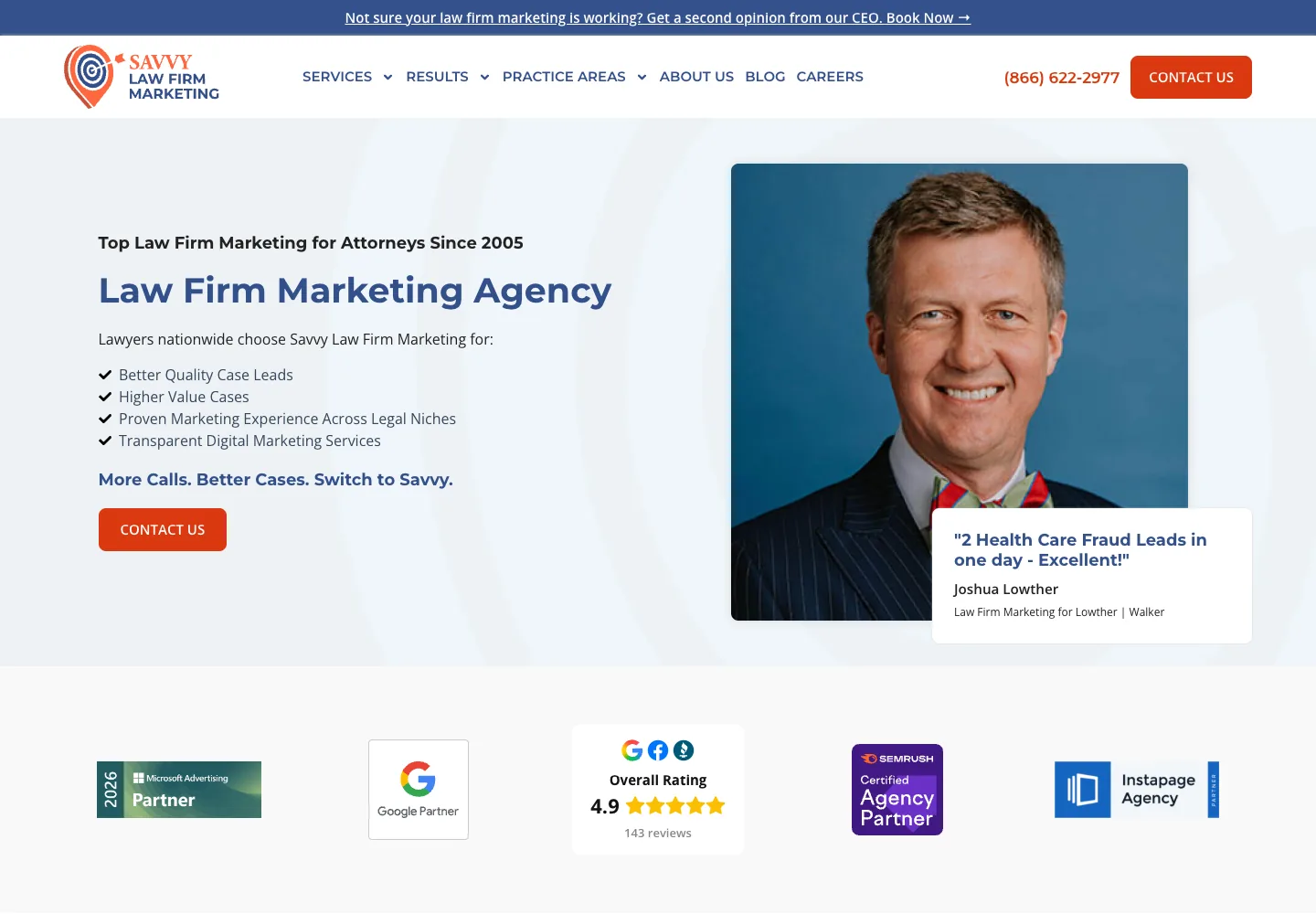 Savvy Law Firm Marketing homepage showing its navigation and opening service presentation