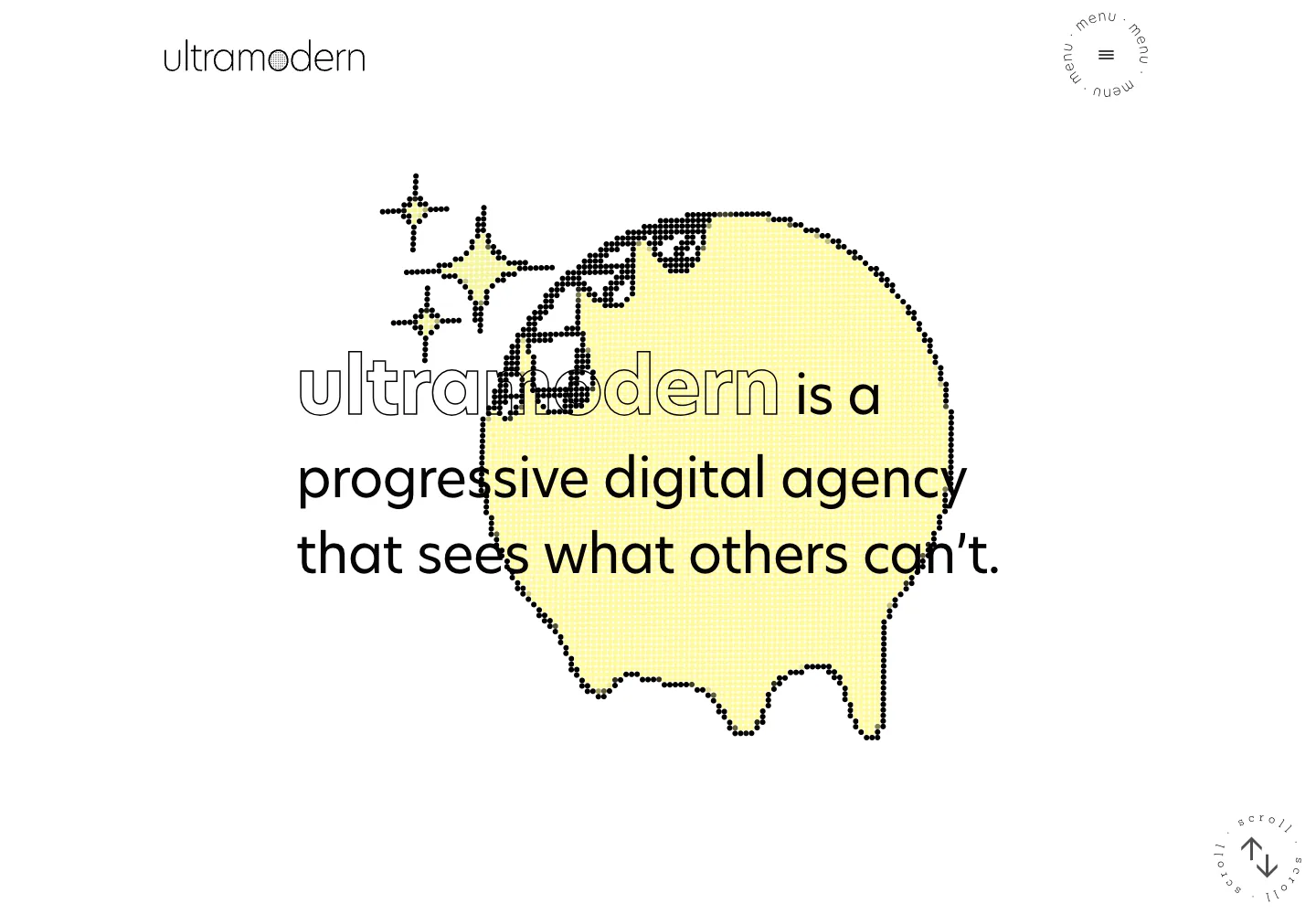 Ultramodern homepage showing its navigation and opening service presentation