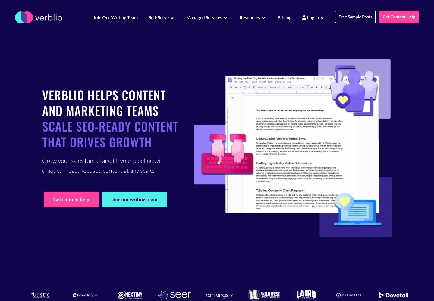 Verblio homepage showing its navigation and opening service presentation