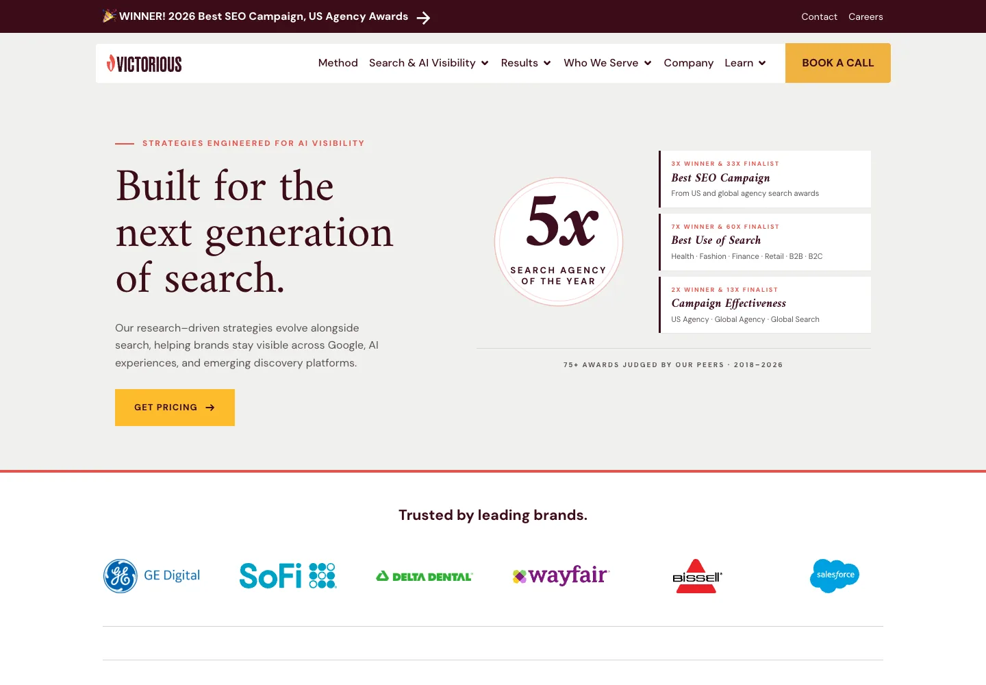 Victorious homepage showing its navigation and opening service presentation