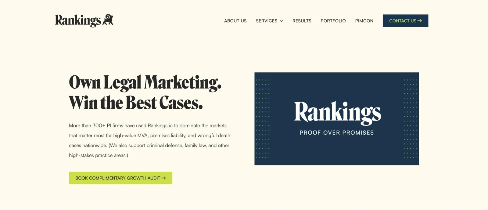 Rankings.io homepage hero with its legal marketing headline and growth audit button