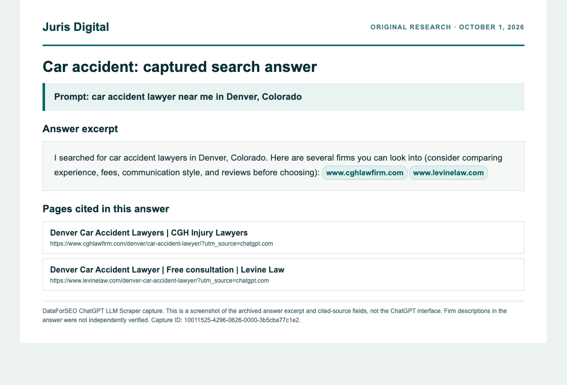 Archived Denver car accident lawyer search capture. Its visible answer excerpt cites CGH Injury Lawyers and Levine Law website pages.