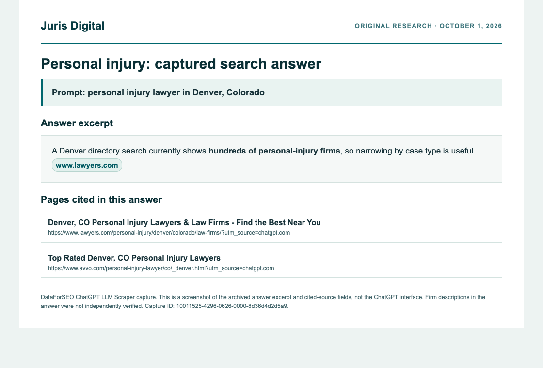 Archived Denver personal injury lawyer search capture. The answer excerpt cites Lawyers.com; the captured source list contains Lawyers.com and Avvo.