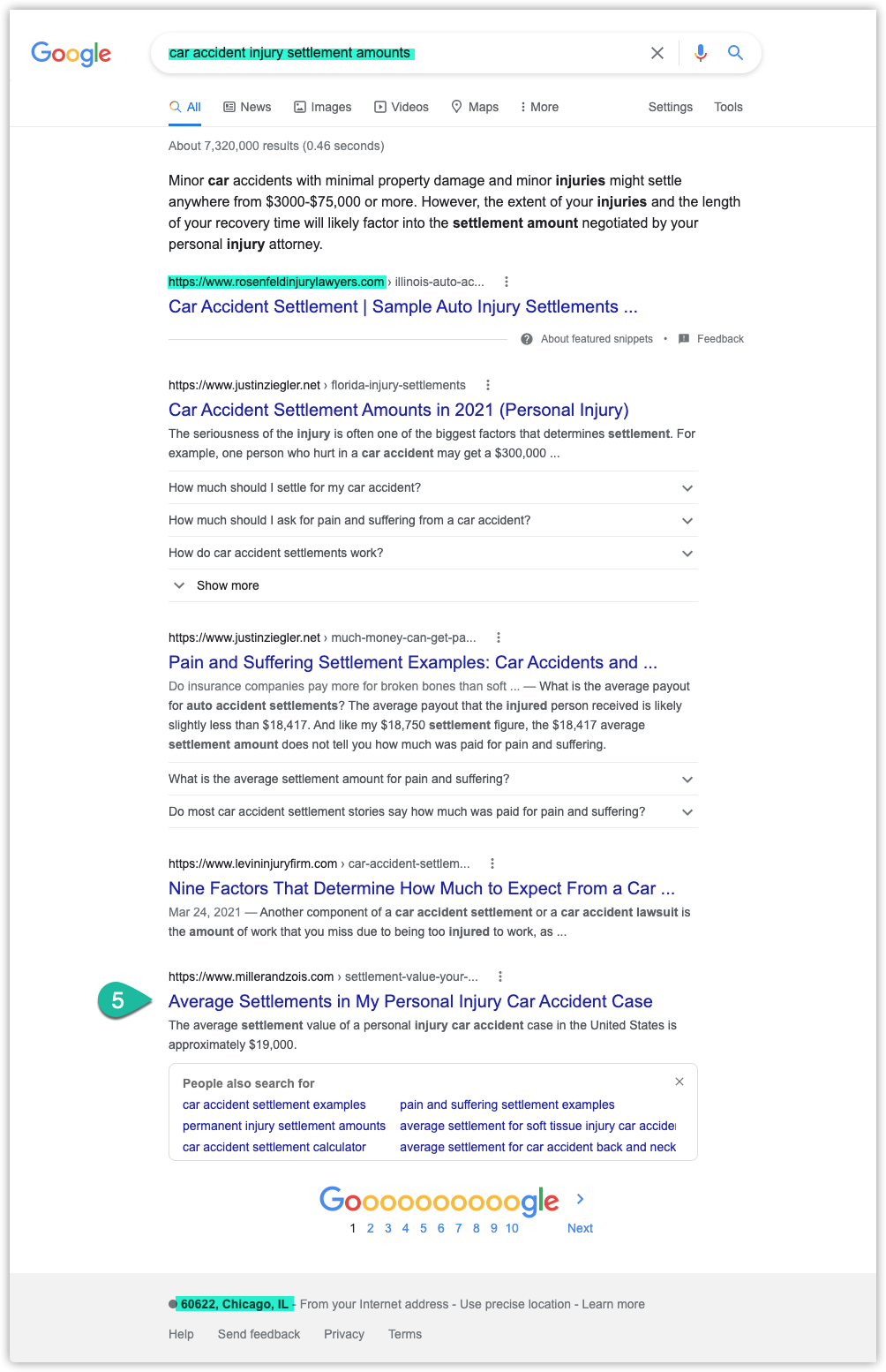 Historical Google results for car accident injury settlement amounts: a direct excerpt at the top names and links to the source law firm.