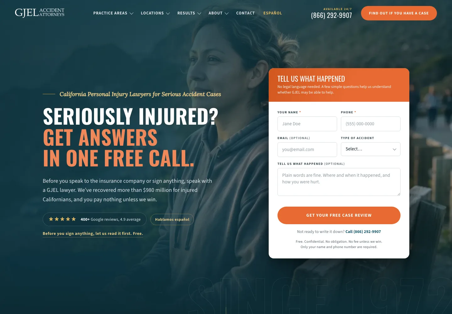 GJEL Accident Attorneys homepage with a clear serious-injury message and case-review path