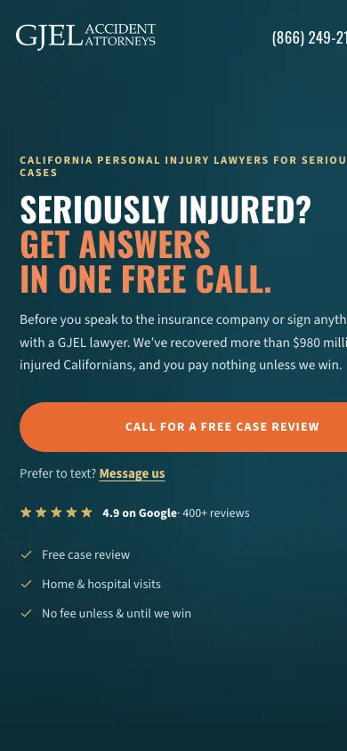 GJEL Accident Attorneys homepage on mobile, showing the responsive headline and intake path