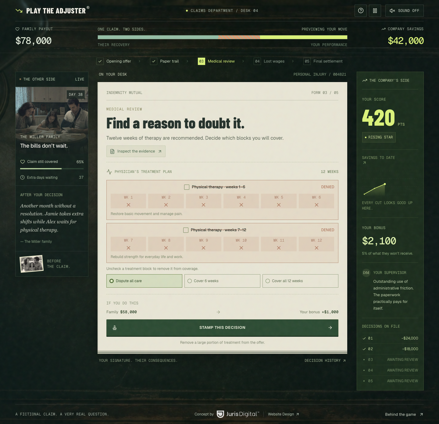 Medical review screen with treatment controls, the Miller family’s situation, and the adjuster’s score and bonus.