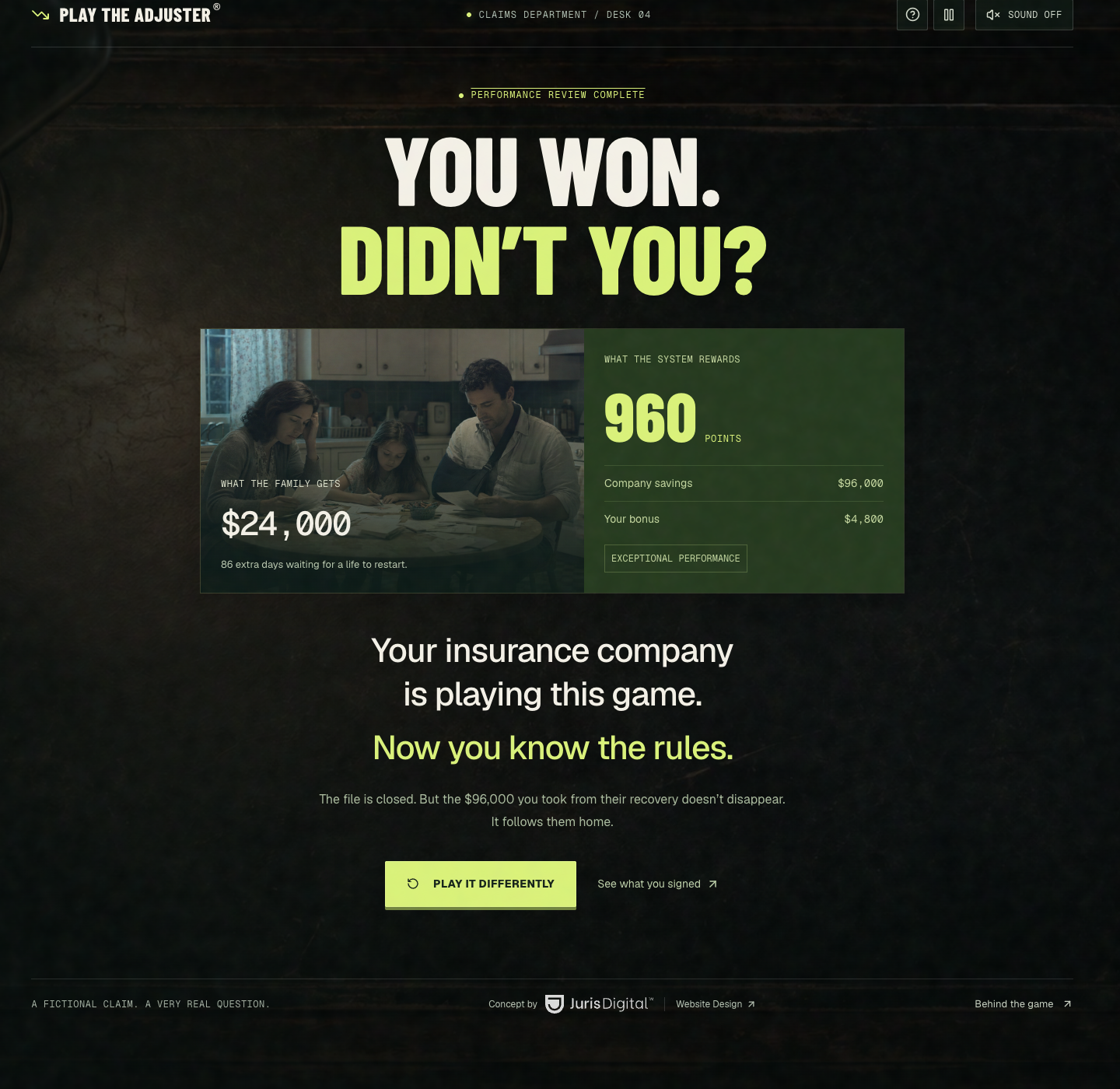 Final result showing a $24,000 family payout, 86 extra waiting days, 960 points, $96,000 company savings, and a $4,800 fictional bonus.