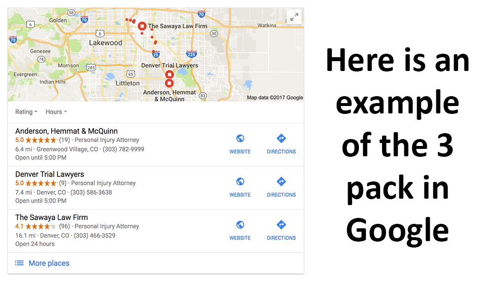 an example of 3 pack results in Google for law firms