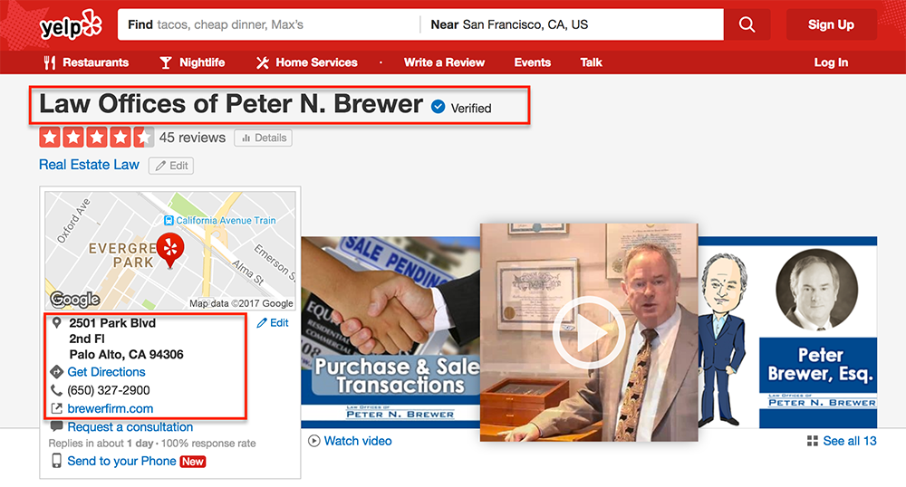 Example of a local SEO citation for the Law Offices of Peter Brewer