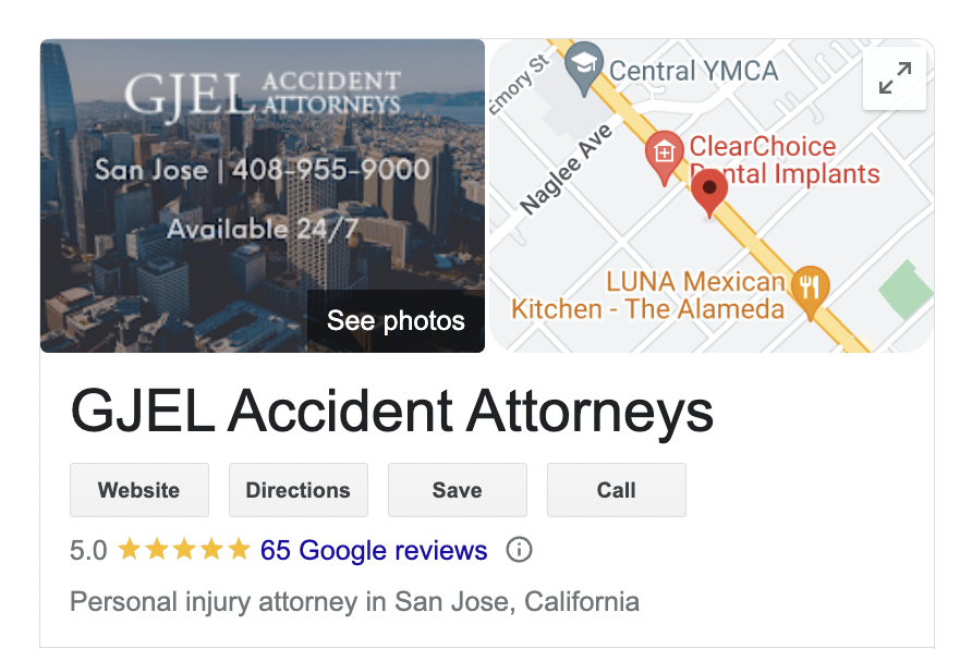 An example showing the Google Business Profile of GJEL Accident Attorneys showing reviews. 