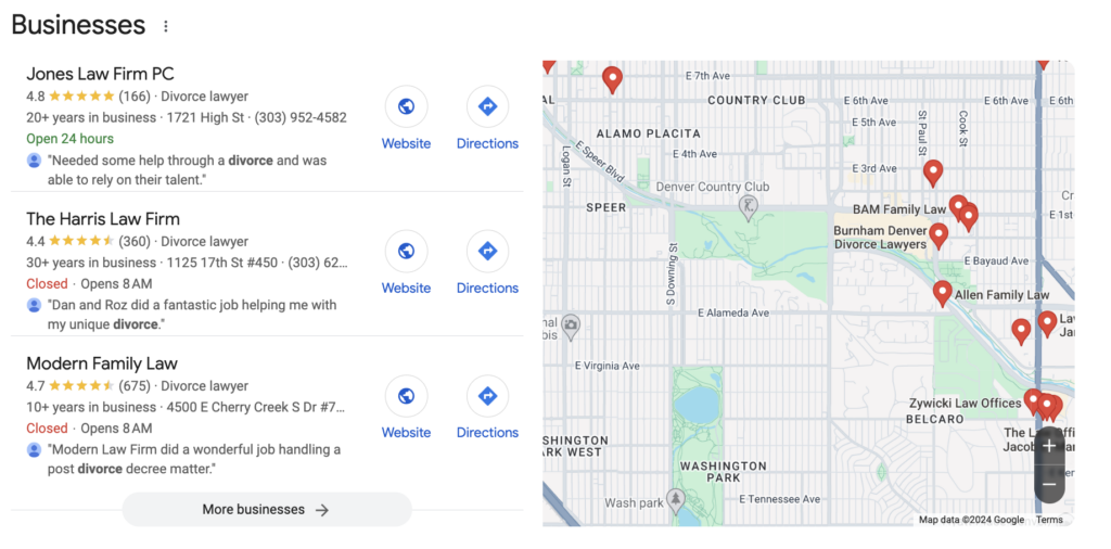 An screenshot of the 2024 Google Local Pack in Google Search Results showing 3 divorce law firms