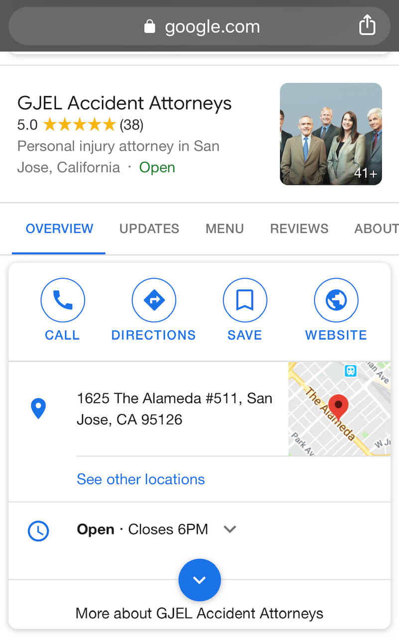 An example of a Google My business listing on mobile for a law firm
