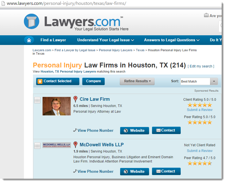 Lawyers.com Houston PI Page