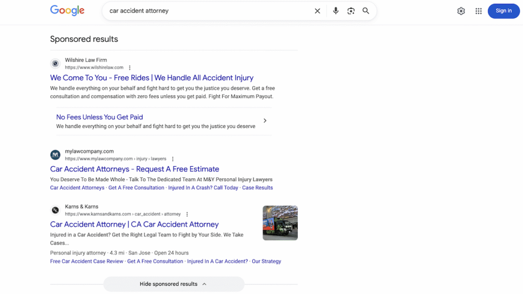 An example of a law firm search result showing how sponsored ads are combined with organic on desktop search results 