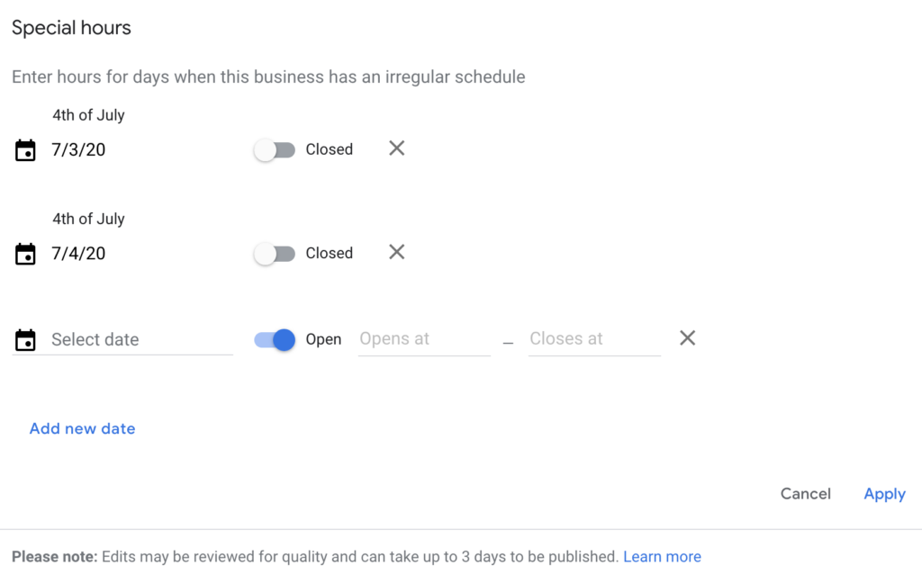 Update Special Hours in Google My Business