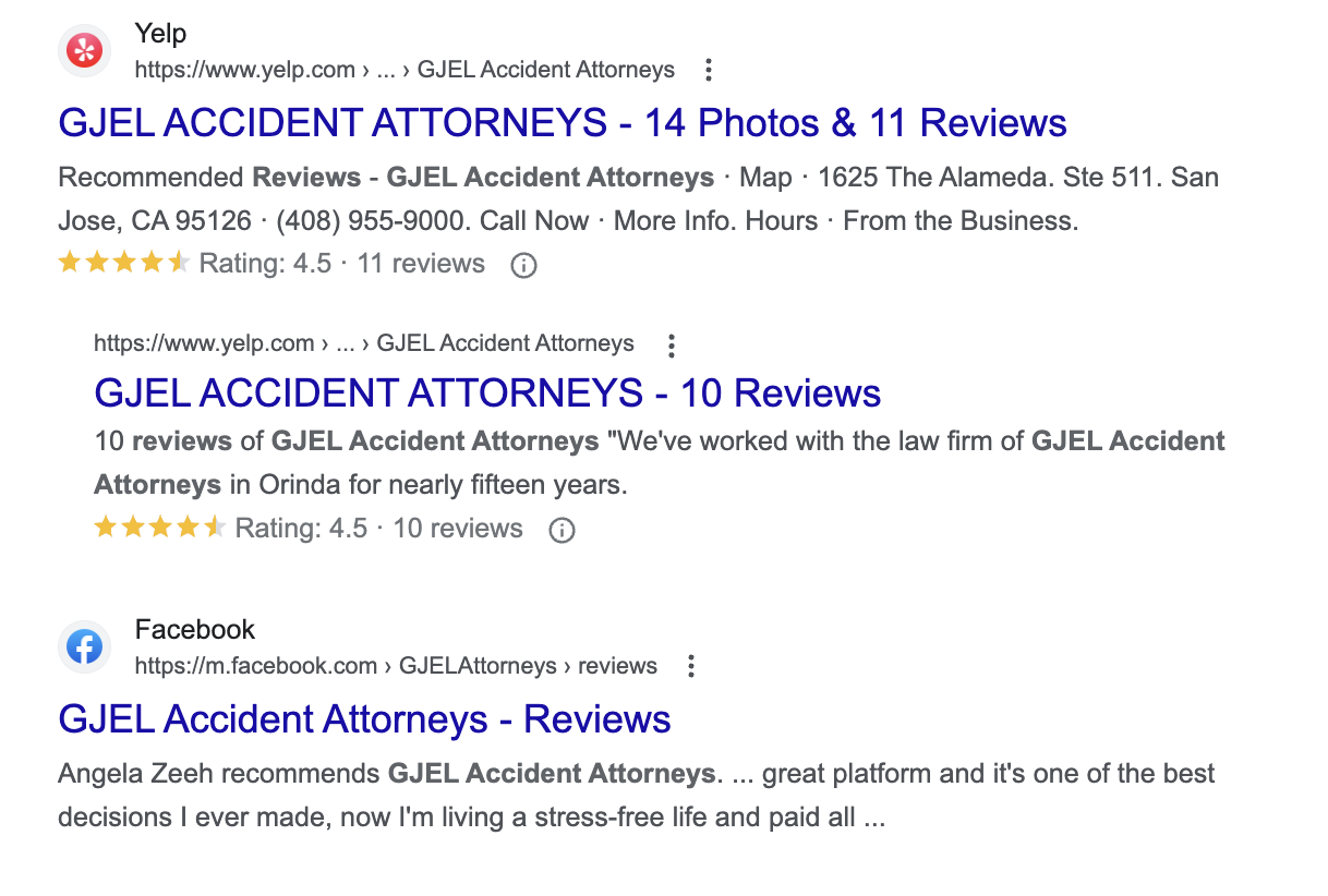 An example of review sites that rank for a law firm GJEL Accident Attorneys.