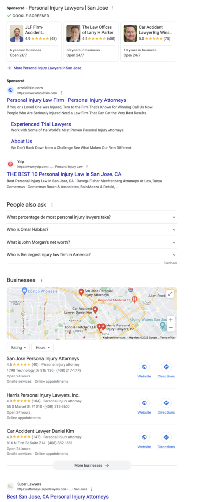 An example of Google Search results showing Local Services Ads, Google Ads, Local Results, and Organic Results. 