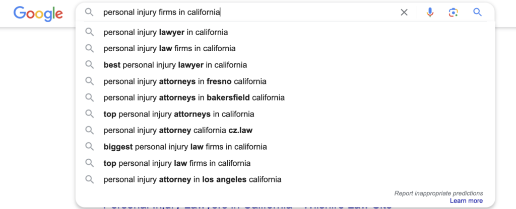 Google Auto Complete Results for a Personal Injury Lawyer