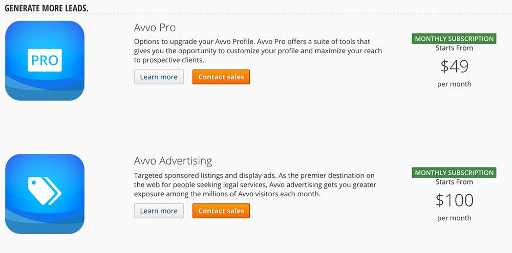 Avvo Subscription Packages