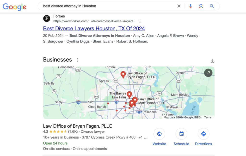 A google search result showing the ranking results for best divorce attorney in houston