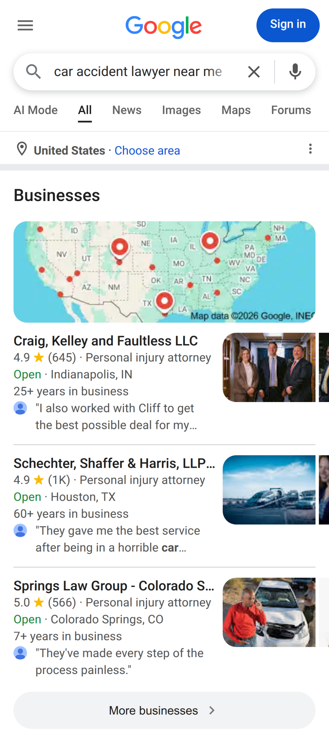 Google mobile search results for car accident lawyer near me showing the local map pack with three law firm listings, star ratings, and review counts