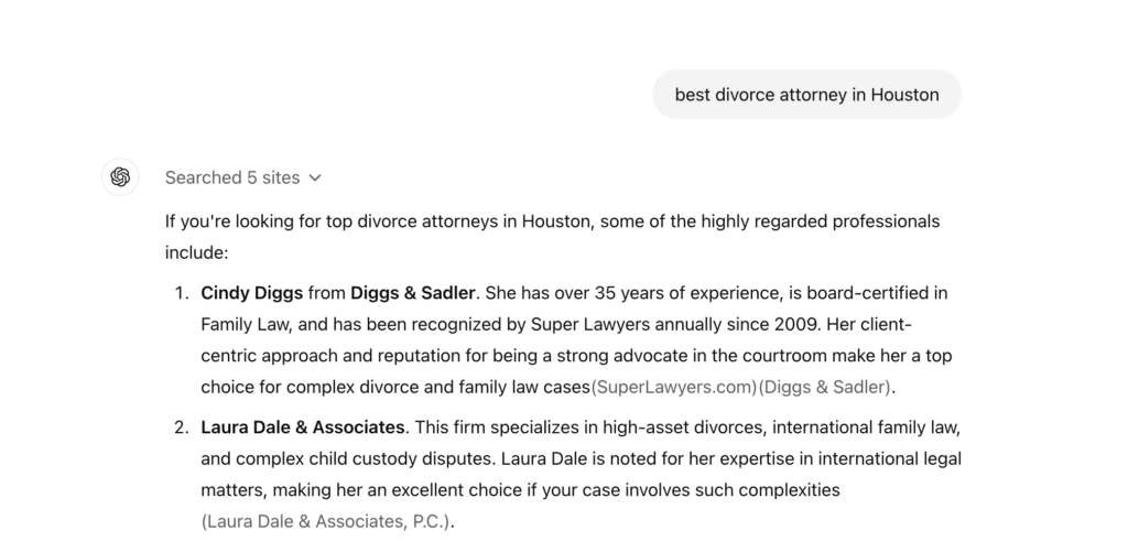 An example of ChatGPT's response to the best divorce lawyers in houston